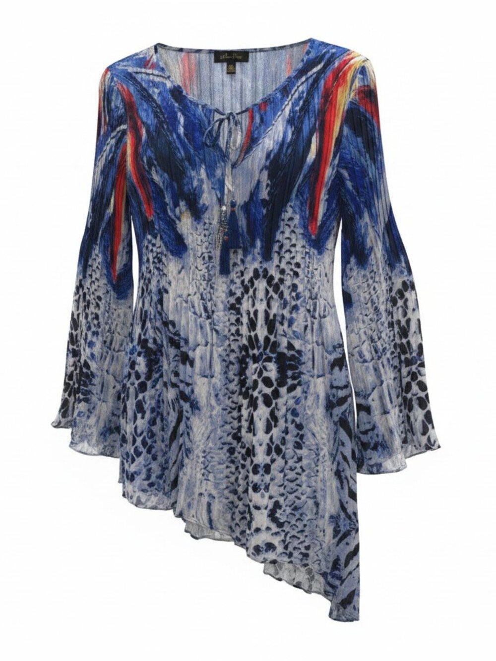 Melissa Paige Blue Abstract Animal Print Tunic Top Large Sheer Asymmetrical Boho